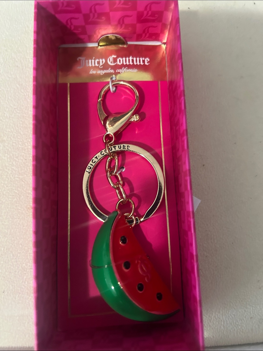Juicy Couture Pink Boxed Watermelon Enamel Keychain with Gold Hardware